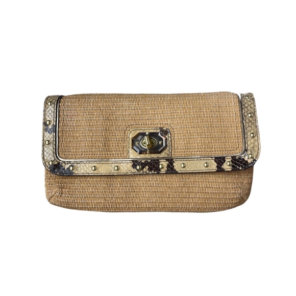 COACH CLUTCH Straw Python Leather Trim Tan Natural Brown Animal Print Wr… - Picture 3 of 14